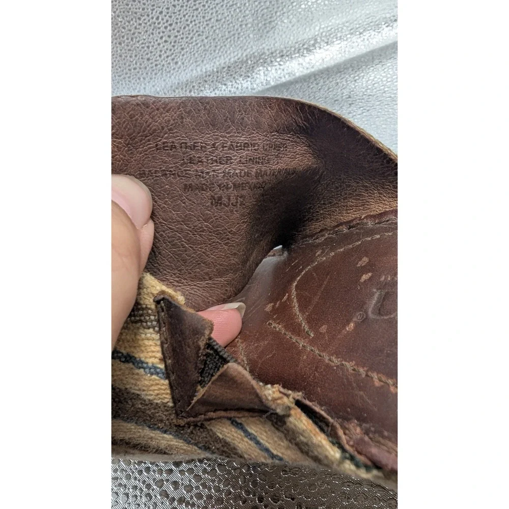 Born Brown Leather Striped Fabric Wedge Sandals Slides MJJ2 Womens Size 8‎